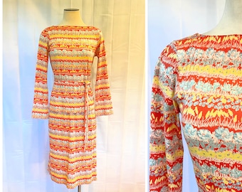 Vintage 1970s Tunic and Skirt Albert Nipon 2 Piece Outfit Set 34 36 Bust Floral Red Orange Yellow Light Blue  M Medium Top