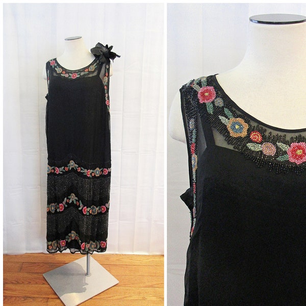 Vintage 1920s Gown Black Silk Chiffon Colorful Beading Deco Party Frock Dress 40 Medium Large