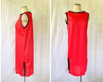 Vintage Negligee 1950s 1960s Sheath Dress Rogers Nylon Nightgown Red Black Trim M 36 Chinese Look Shift Slits Japanese Style Nightdress