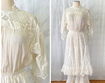 Antique Edwardian Blouse White Cotton Lace Mesh Netting Early 1900s 40 Bust L XL Extra Large