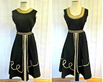 Vintage 1950s 1960s Skirt Blouse 2 Piece Outfit by Casino Original Black and Metallic Gold Trim 35 36 Bust 24 -1/2 Waist Circle Look