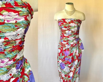 Vintage Silk Party Dress Strapless Frock 1980s Maggy London Red White Purple Green Formal 31 Bust XS S Extra Small