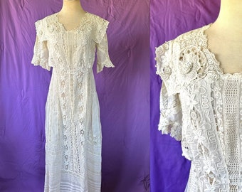 Antique Edwardian Dress 1900s White Cotton Batiste Crochet Lace 36 Bust Long  Vintage Wedding Lawn Tea Dress S M