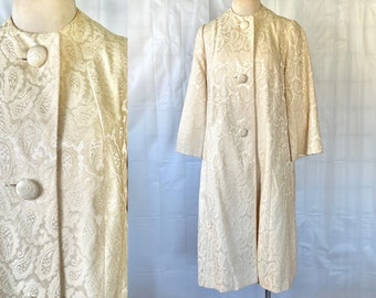 Vintage Ivory Brocade Coat 1950s 1960s by Carol Brent 39 Bust Paisley Pattern A Line Extra Large