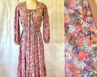 Vintage 1970s Floral Dress with Vest 34 36 38 Bust Medium Peasant Look Coral Purple White Flowers