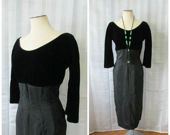 Vintage Suzy Perette Dress Black Velvet and Tafetta 1950s 1960s 38 Bust Cocktail Party LBD  28 Inch Waist Midi Length M L Medium Large