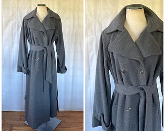 Vintage Mod Wool Coat 1970s 1980s Double Breasted Dark Gray Trench Style 46 XL Extra Large Overcoat