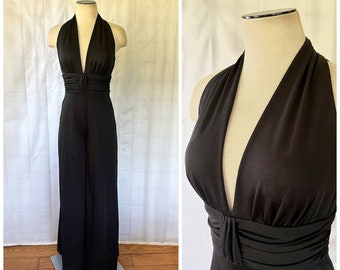 Vintage Black Jumpsuit with Halter Top 1960s 1970s Long Hostess Gown Palazzo Pants 34 36 M Sleeveless Low Cut