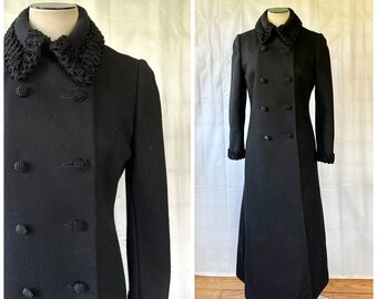 Vintage 1950s 1960s Princess Coat Black Wool Double Breasted M 34 Bust Fitted with Faux Fur Trim