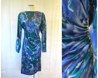 Vintage 1980s Dress Blue Green Large Flowers 34 36 M Made in Italy Italian 8 10 Ruching Wrap Look Big Floral Pattern