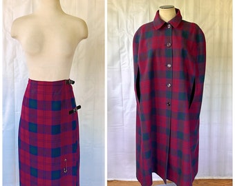 Vintage Cape and Skirt 1970s Mosbrook Tartan Plaid Wool Navy Blue Deep Red Green Kilt M L XL Plus One Size Fits Most Cloak