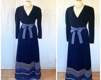 Vintage Rizkallah for Malcolm Starr Velvet Maxi Skirt 1970s Blue and Gold Trim 26 Inch Waist