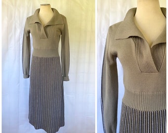 Vintage 1970s Dress Gray Green Knit 34 36 Bust Winter Midi Black and White Vertical Stripes Sweaterdress by Actone Pinky