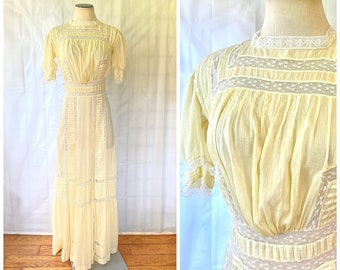 Antique Edwardian Dress 1900s 1910s Pale Yellow Cotton Batiste White Netting Lace 34 Inch Bust Vintage Frock S M 24 1/4 Inch Waist