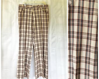 Vintage 1970s Levi’s Panatela Slacks Pants 39 Waist Plaid Beige Blue Maroon Yellow