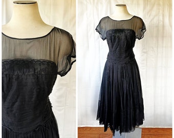 Vintage Silk Chiffon and Lace Party Dress 1960s Black 36 Medium Sheer Illusion Shelf Bust Drop Waist LBD