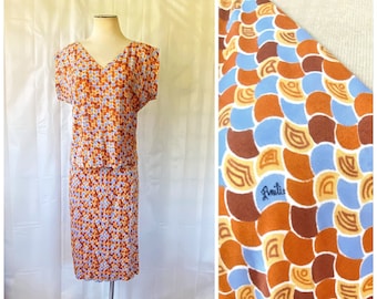 Vintage Emilio Pucci Rare Silk Top and Skirt 1960s Rust Copper Blue White 40 Bust L XL Blouse 2 Piece Outfit