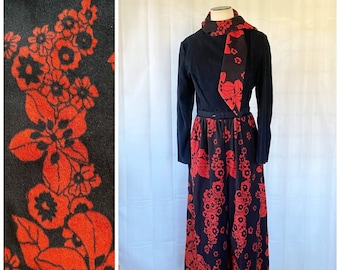 Vintage 1970s Jumpsuit by I. Appel Palazzo Pants Red and Black 42 Bust Large L Floral Maxi 34 Waist