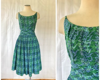 Vintage 1950s 1960s Dress Sundress Blue Green Lavender Purple 36 Bust M Thick Waist Sash Back Bow