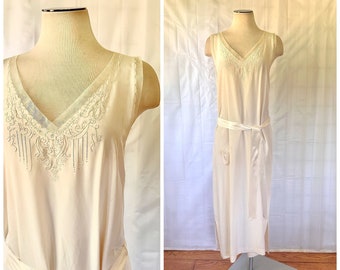 Reserved for S. Vintage 1930s Silk Negligee Soft Pinkish Beige with Mesh Trim Maxi Long Nightgown 36 37 M L Slip Dress Medium Large