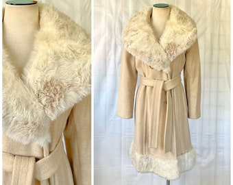 Vintage Wool and Fur Coat 1960s 1970s by Jules Miller with Rabbit Fur Wide Collar and Hem Light Camel Double Breasted 34 Bust S M