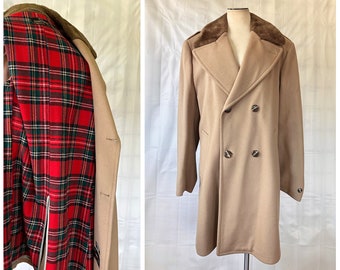 Vintage Zero King Double Breasted Wool Coat 1960s 1970s Taupe Brown Faux Fur Collar Plaid Lining Unisex 46 Chest 42 L Topcoat 42L