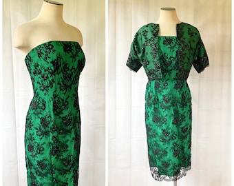 Vintage Lace Dress with Matching Shrug 1960s Black Sequins Emerald Green Strapless Dress 32 Bust Event Frock XS S Extra Small