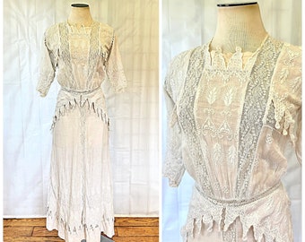 Antique Edwardian Dress 1900s White Cotton Batiste Crochet Lace 33 Bust Long Romantic Vintage Wedding Lawn Tea Dress XS S Maxi