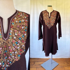 Vintage Wool Caftan Embroidered Robe by Champion 45 Extra Large Ethnic Style Kaftan Brown Yellow Blue Pink Floral L XL Extra Large
