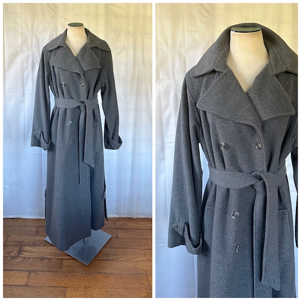 Vintage Mod Wool Coat 1970s 1980s Double Breasted Dark Gray Trench Style 46 XL Extra Large Overcoat