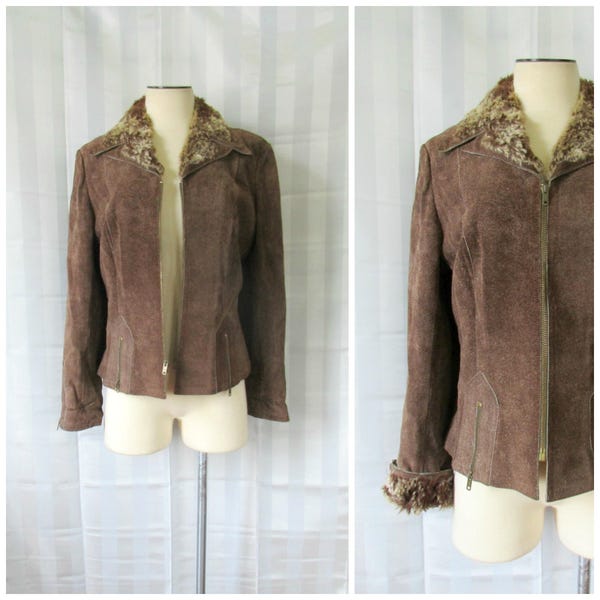 Vintage Suede Jacket Brown Faux Shearling Fur Short Cropped Topper 1970s by Skincheetahs 36 / 37 Glam Rock M L Medium Large