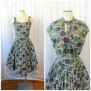 Vintage 1950s Dress with Matching Shrug Jacket Green Pink Blue Black Atomic Print Halter 36 38 M L The Shroyer Miss Summer Frock