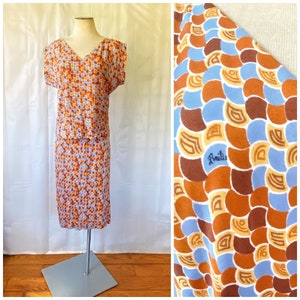 Vintage Orange & Multicolor Emilio Pucci 1970s Printed Silk Dress