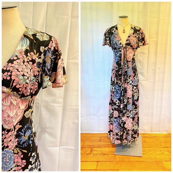 Vintage 1970s Maxi Dress Flutter Sleeves Gown Pink Black Blue Mint Green Floral Print 34 Bust Empire Waist Gown Medium