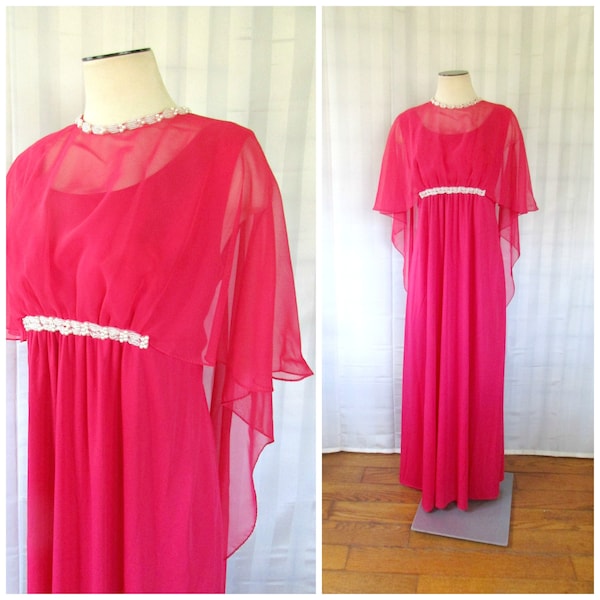 Vintage 1970s Gown by Mister Jay Deep Coral Pink Long Dress Maxi Sheer Angel Wings Faux Pearl Beading 38 40 Bust Empire Waist L XL