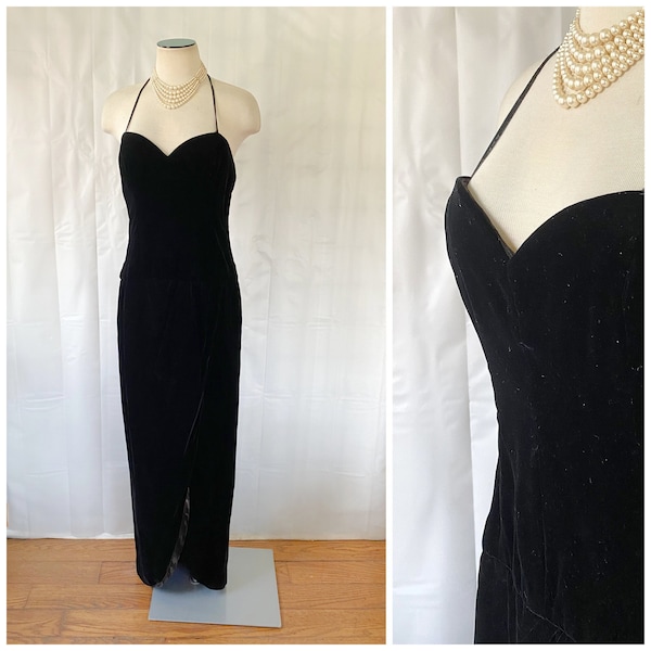 Vintage Velvet Evening Gown by Victor Costa 1980s Black Maxi Column Dress 36 Bust M L 80s does 40s