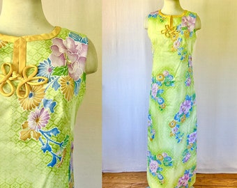 Vintage 1960s Elsie Krassas Waikiki Maxi Dress Green Purple Blue Yellow Floral Print 38 Bust M Medium Hawaiian