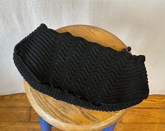 Vintage 1940s Black Cord Crochet Clutch with Plastic Beads Large Purse