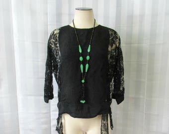 Vintage Art Deco Blouse 1920s 1930s Silk Crepe Black Lace 41 Bust L XL Romantic Antique Top