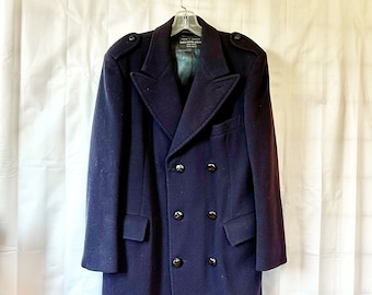 Vintage 1970s Navy Blue Wool Mens Overcoat Double Breasted Coat Epaulettes Made in England with Scottish Wool Saks Fifth Avenue M 44