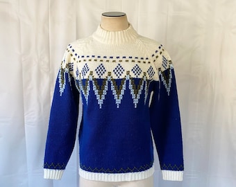 Vintage Wool Sweater 1960s 1970s Blue Ivory Olive Green 38 Unisex Pullover Nordic Fair Isle Zig Zag Pattern