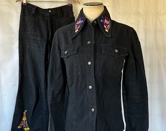 Vintage 1970s Pantsuit Black Jean Style Jacket and Pants Native American Imagery Colorful Beading M 36 Bust 27 Waist