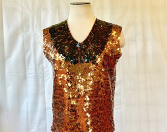Vintage 1960s Black and Copper Shell Round Sequins Beaded Party Top Festive Evening Formal 38 40 M L by Jeri Jo