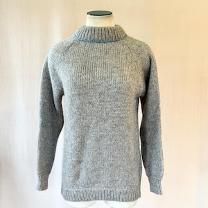 Vintage Pullover Sweater 1970s Icelandic Lopi Wool by Stobi 38 40 Gray with Blue Trim Mock Turtleneck Unisex