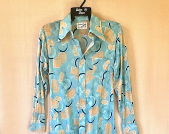 Mod 1970s Shirt Dead Stock Vintage Deco Pattern Turquiose Blue Peach By Sutton Place 42 Medium