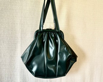 Vintage 1940s Purse Faux Leather Green Handbag by Promenade Unique Triangular Shape Lucite Plastic Clasp