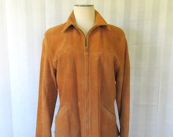 May include: A brown suede jacket with a zipper closure. The jacket has a stand-up collar and two pockets on the front.