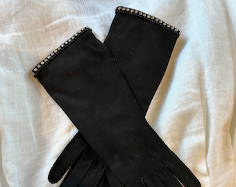 Vintage Black Gloves by Mr. John 1960s Dead Stock Evening Cocktail Party Size 6 Small Long Glove with Faux Diamonds