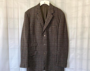 Vintage Sport Coat Plaid Wool by Moss Bros Jacket Black Brown Grey 1970s 1980s Blazer Made in England 38 40 41 3 Button Fitted Glen Plaid