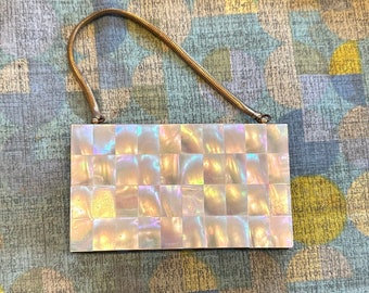 Vintage 1950s Evening Bag Mother of Pearl Minaudiere Art Deco Small Formal Clutch Purse